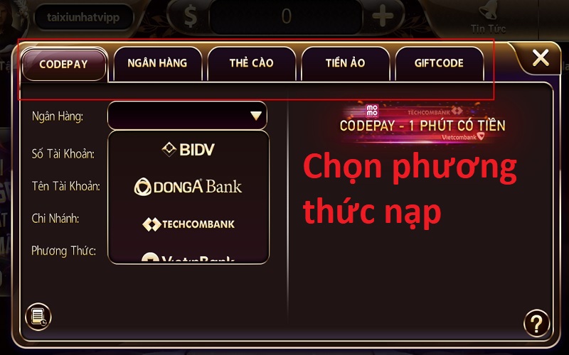 Chọn phương thúc nạp tiền NhatVip