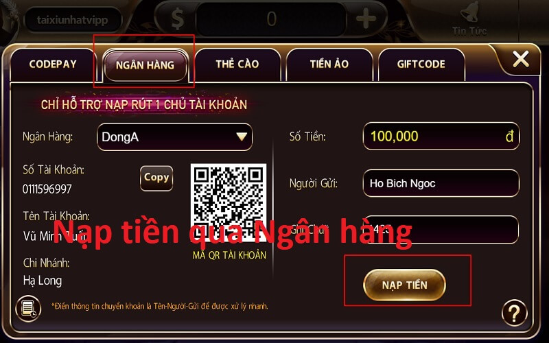 Nạp tiền qua ngân hàng Ngân hàng Nhatvip