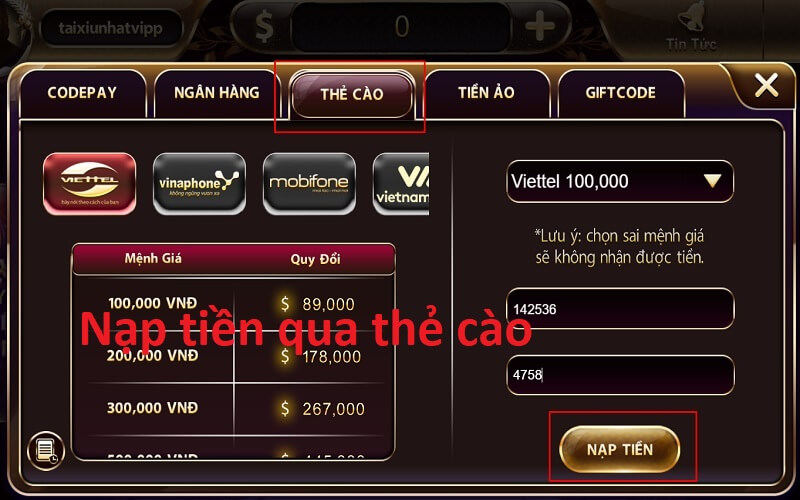 Nạp tiền qua thẻ cào NhatVip